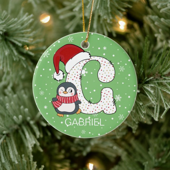 Weihnachten Alphabet G Weihnachtsmannmütze Pinguin Keramik Ornament (Baum)