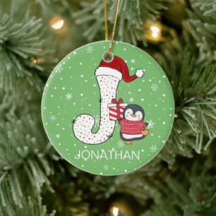 Weihnachten Alphabet J Weihnachtsmannmütze Pinguin Keramik Ornament