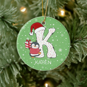 Weihnachten Alphabet K Weihnachtsmannmütze Pinguin Keramik Ornament