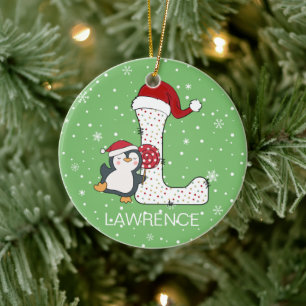 Weihnachten Alphabet L Weihnachtsmannmütze Pinguin Keramik Ornament