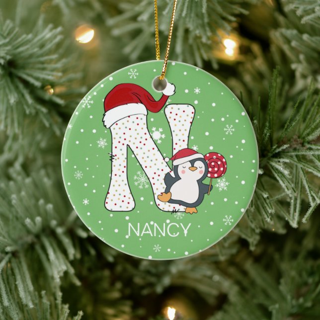 Weihnachten Alphabet N Weihnachtsmannmütze Pinguin Keramik Ornament (Baum)