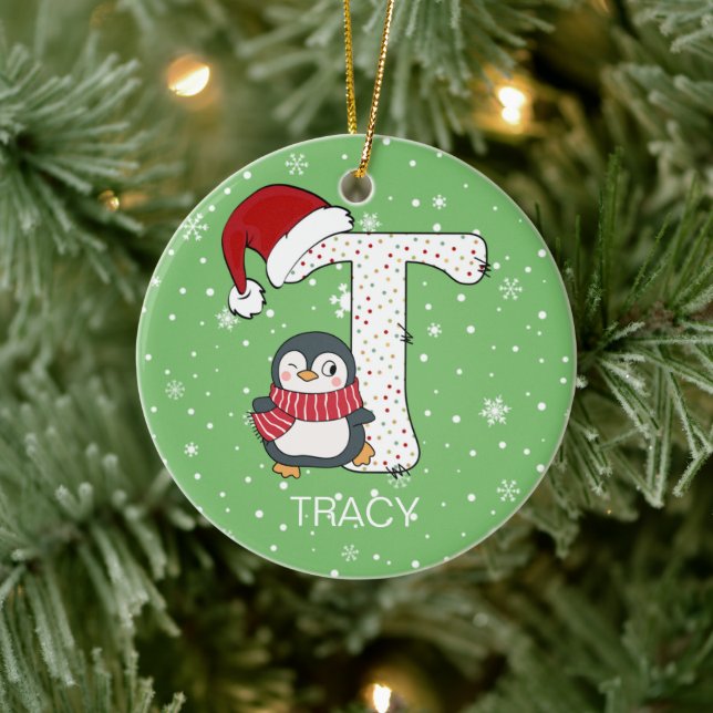 Weihnachten Alphabet T Weihnachtsmannmütze Pinguin Keramik Ornament (Baum)