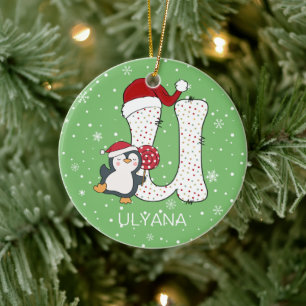 Weihnachten Alphabet U Weihnachtsmannmütze Pinguin Keramik Ornament