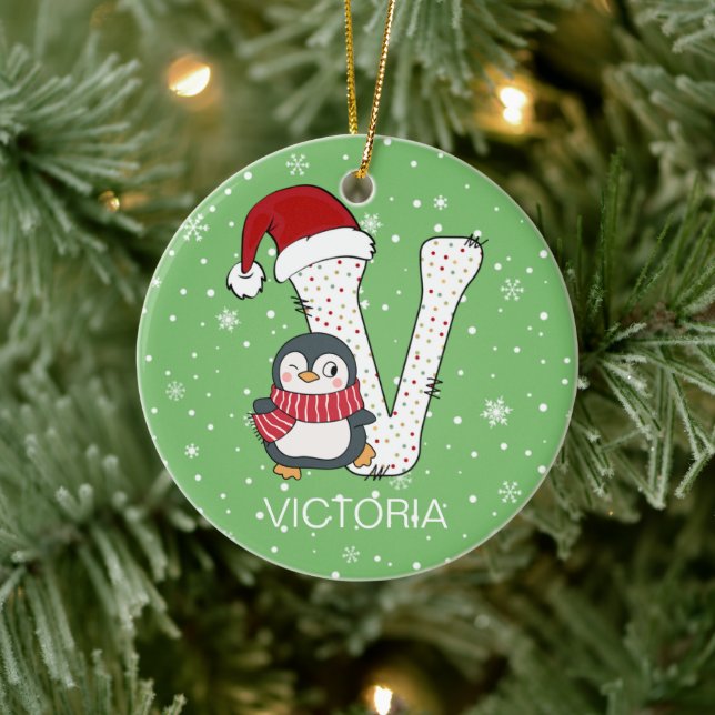 Weihnachten Alphabet / Weihnachtsmannmütze Pinguin Keramik Ornament (Baum)