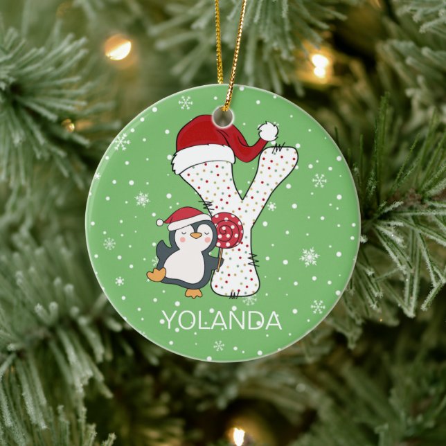 Weihnachten Alphabet Y Weihnachtsmannmütze Pinguin Keramik Ornament (Baum)