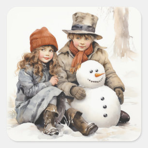 Weihnachten Alte-Mode-Kinder Snowman Wassercolor Quadratischer Aufkleber