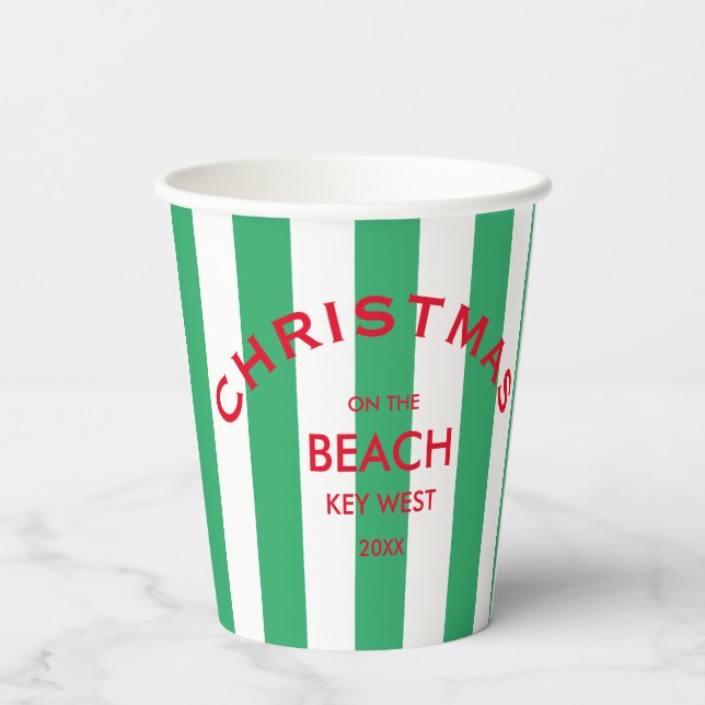 Weihnachten am Strand Custom Green Cabana Streifen Pappbecher (Rückseite)