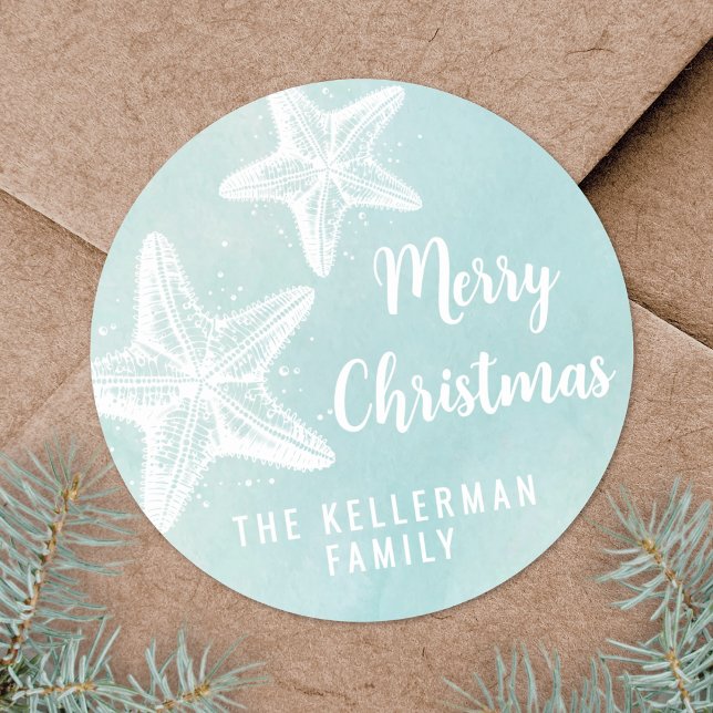 Weihnachten am Strand Runder Aufkleber (Starfish Beach Christmas Classic Round Sticker)