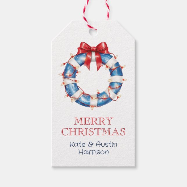 Weihnachten an der Küste Nautical Bow Life Preserv Geschenkanhänger (Vorderseite)