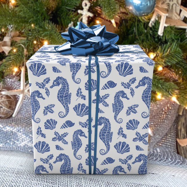 Weihnachten an der Küste Navy Blue Seepferd Glitze Geschenkpapier (Von Creator hochgeladen)