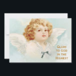Weihnachten Angel Cherub Glory zu Gott Religious B<br><div class="desc">Ein Engel mit goldenem Glockenkopf und einem weißen Shirt mit einem winzigen blauen Band schaut in den Himmel. Der bearbeitbare Text lautet: "Herrliche Gott im Höchsten". Ideal für Weihnachtskarten!</div>
