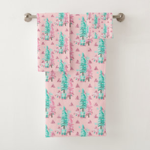Weihnachten Aqua Blau Rosa Baum Muster Badhandtuch Set
