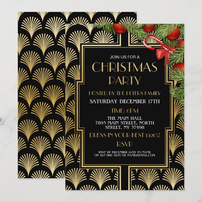 Weihnachten Art Deco Gatsby Party Gold Zwanzig Einladung (Vorne/Hinten)