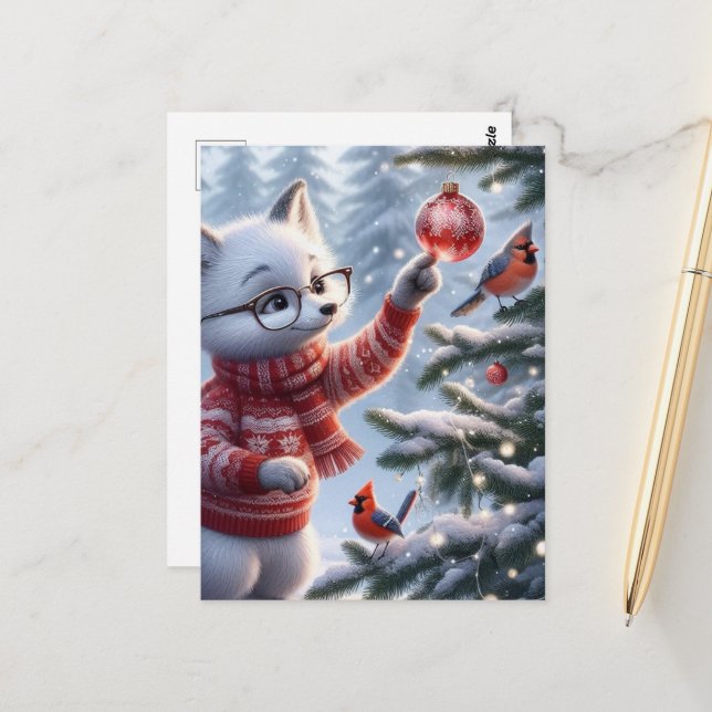 Weihnachten Artic Fox und die Vögel Postkarte (Vorderseite/Rückseite Beispiel)