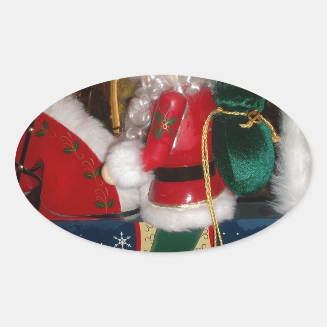Weihnachten auf einem Pferd mit Schnee Kunst druck Ovaler Aufkleber (Vorderseite)