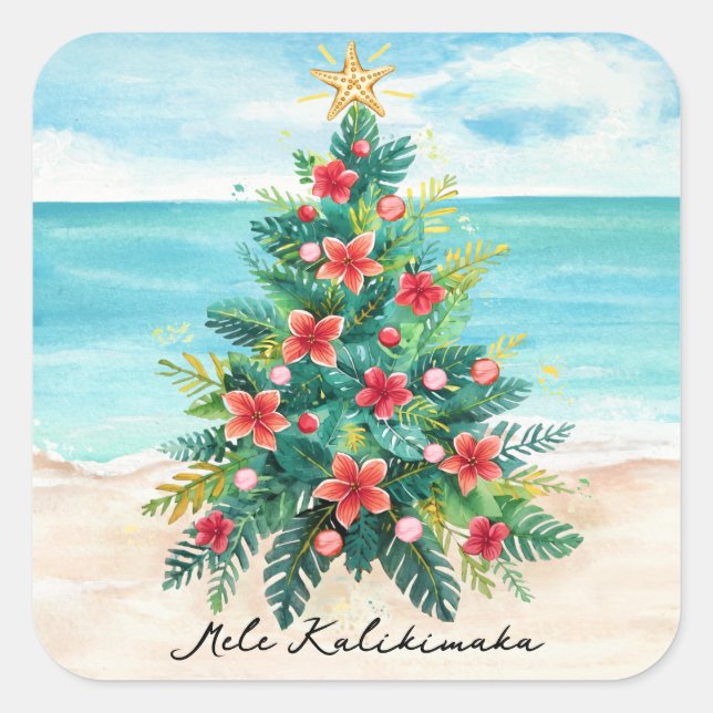 Weihnachten auf Hawaii Tropischer Strand Palmenbau Quadratischer Aufkleber (Vorderseite)