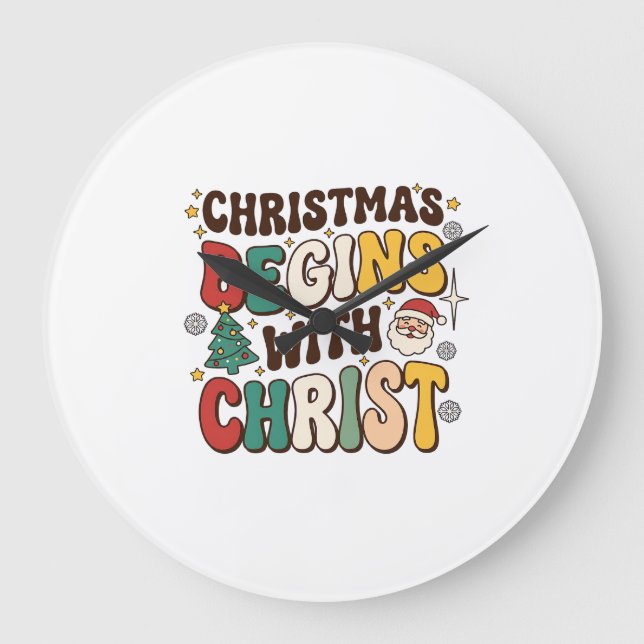 Weihnachten beginnt mit Christus Santa Baum Design Große Wanduhr (Vorderseite)