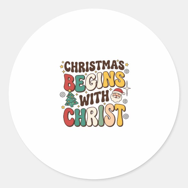 Weihnachten beginnt mit Christus Santa Baum Design Runder Aufkleber (Vorderseite)