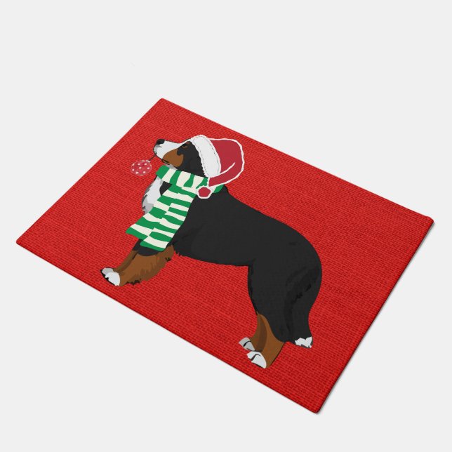 Weihnachten Bernese Mountain Dog Red Burlap Fußmatte (Schrägansicht)