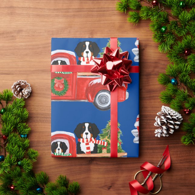 Weihnachten Bernese Mountain Hunde Red Truck Blue Geschenkpapier (Feiertagsgeschenk)