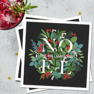 WEIHNACHTEN Berries Greenery Personalisiert Black  Serviette