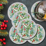 WEIHNACHTEN Berries und Grüne Weihnachten Runder Pappuntersetzer<br><div class="desc">Das Wort WEIHNACHTEN unter den Blätter und Beeren auf grauem Hintergrund (oder in jeder Farbe),  sind diese Untersetzer elegant für jeden Weihnachtsfeiertag. PASSENDE Artikel in unserem Geschäft.</div>