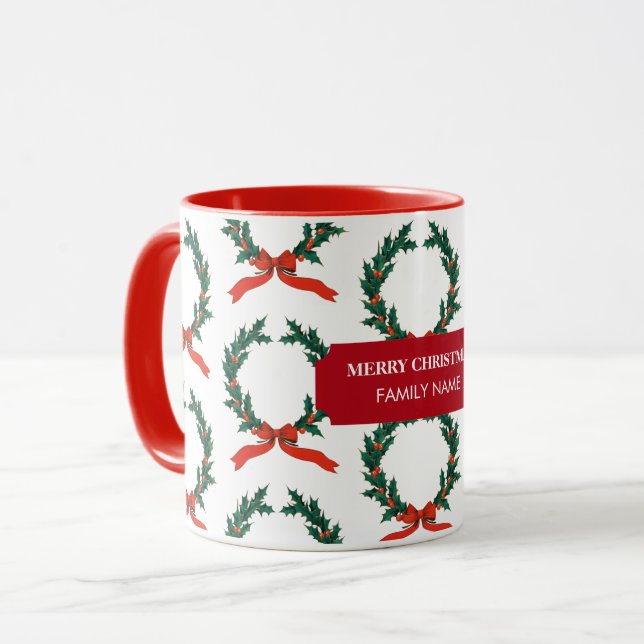 Weihnachten Berry Wreath Individuelle Name Tasse (Vorderseite Links)
