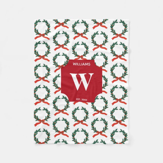 Weihnachten Berry Wreath Urlaub Mit Monogramm Fleecedecke (Vorderseite)