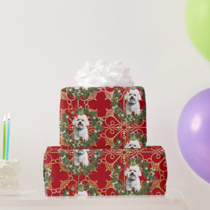 Weihnachten Bichon Frise auf Red Snowflake Hinterg Geschenkpapier