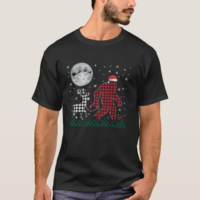 Weihnachten Bigfoot Reindeer Moon Santa Kariert T-Shirt (Vorderseite)