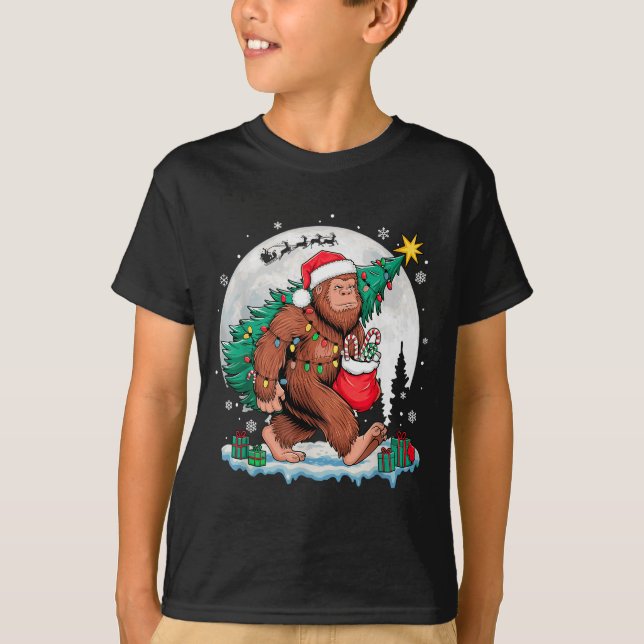 Weihnachten Bigfoot Santa Baum Schlitten Mond Lust T-Shirt (Vorderseite)