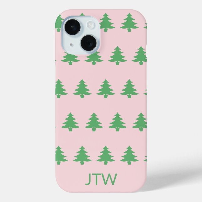 Weihnachten Blassrosa und Grüne Bäume Monogramm Case-Mate iPhone Hülle (Rückseite)