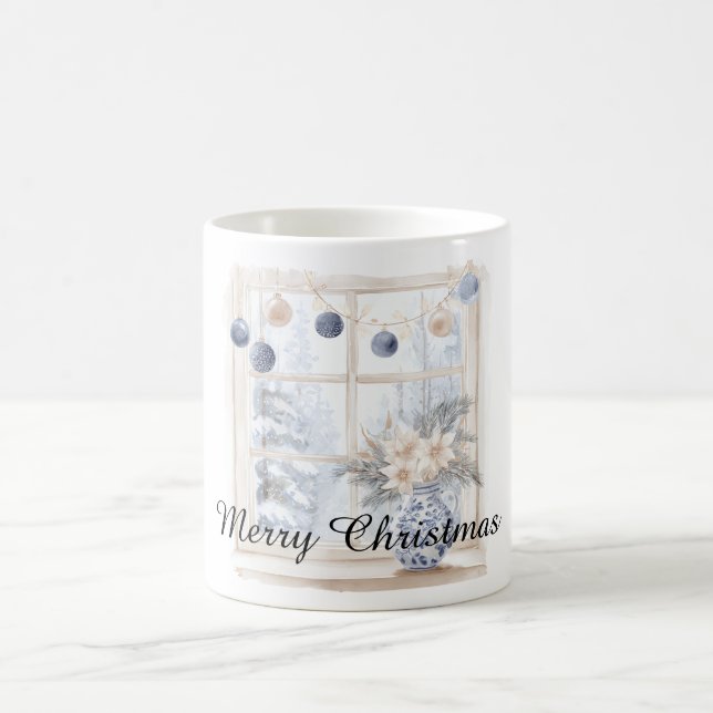 Weihnachten Blau Creme Ornamente Blumen Baum Fenst Kaffeetasse (Mittel)