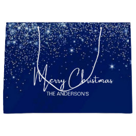Weihnachten blau silber weiß glitzer Familienname  Große Geschenktüte
