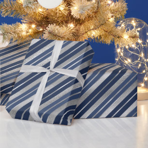 Weihnachten - Blau und Silberstreifen Geschenkpapier