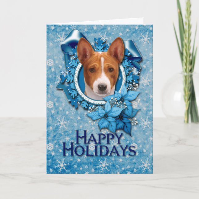 Weihnachten - blaue Schneeflocke - Basenji (Vorderseite)