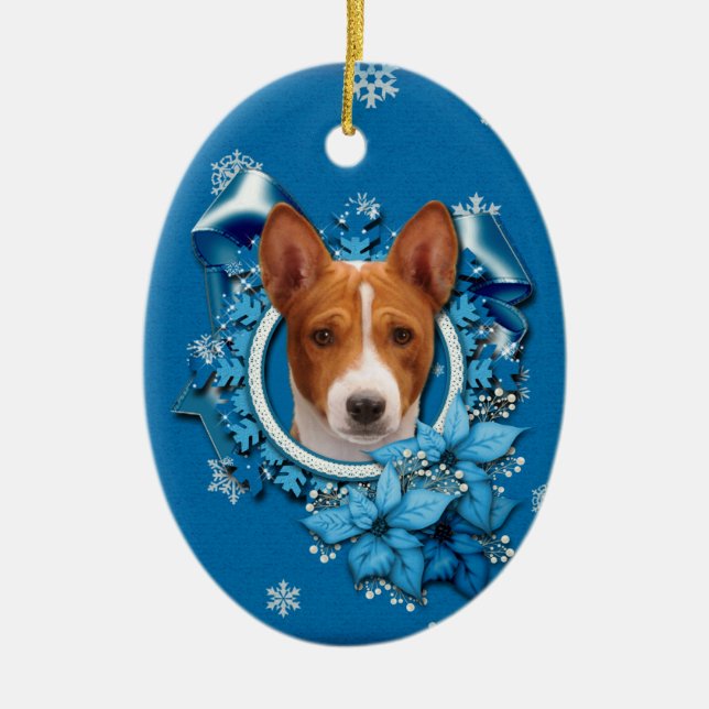 Weihnachten - blaue Schneeflocke - Basenji Keramikornament (Vorne)