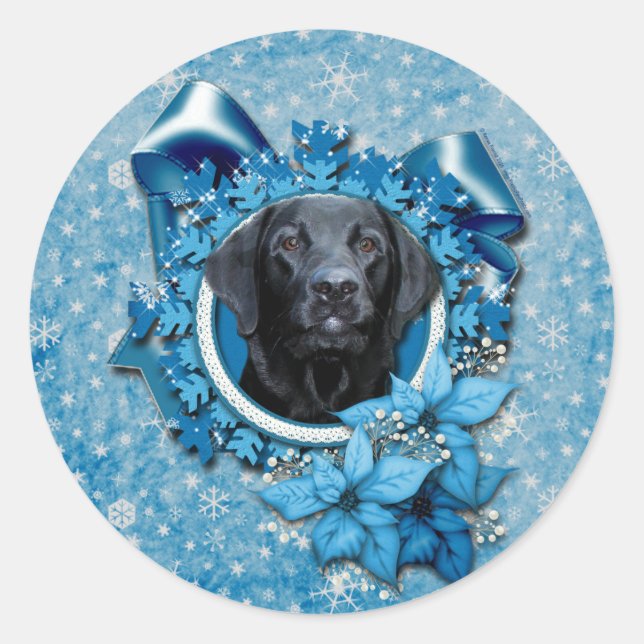 Weihnachten - Blaue Schneeflocke - Labrador - Schw Runder Aufkleber (Vorderseite)