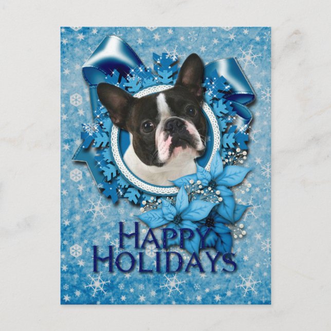 Weihnachten - Blaue Schneeflocken - Boston Terrier (Vorderseite)