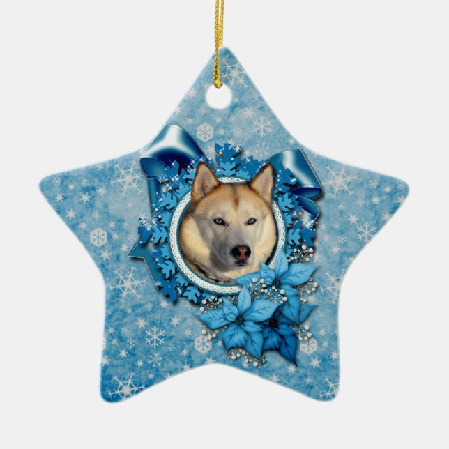 Weihnachten - blaue Schneeflocken - sibirischer Keramik Ornament (Vorne)