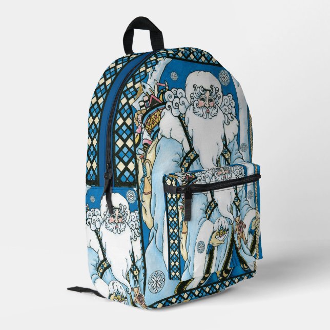 Weihnachten, Blauer Weihnachtsmann mit Snowglobe Bedruckter Rucksack (Rückseitige Ecke links)