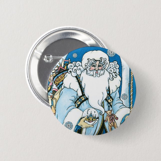 Weihnachten, Blauer Weihnachtsmann mit Snowglobe Button (Vorne & Hinten)