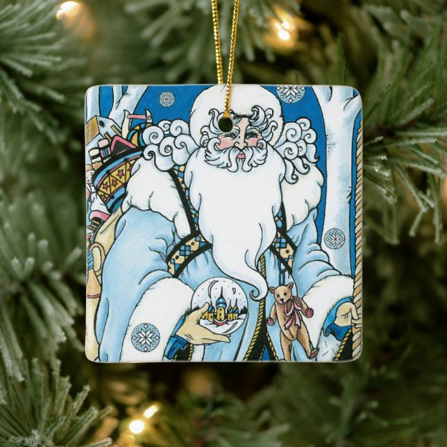 Weihnachten, Blauer Weihnachtsmann mit Snowglobe Keramikornament (Baum)
