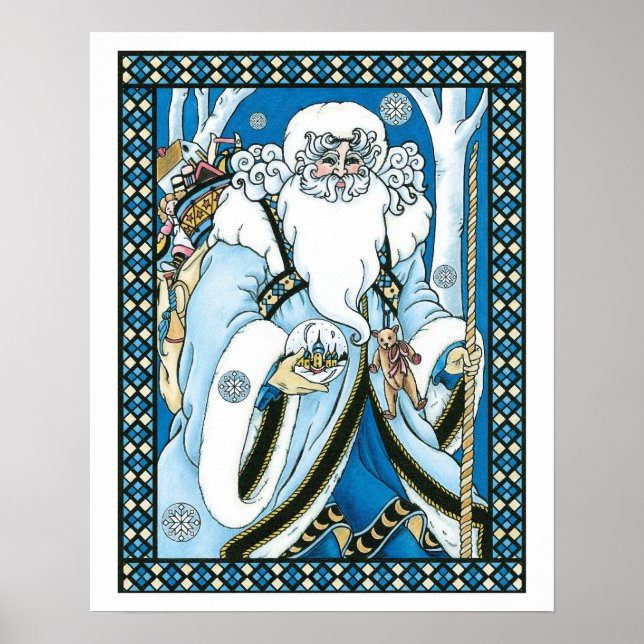 Weihnachten, Blauer Weihnachtsmann mit Snowglobe Poster (Vorne)