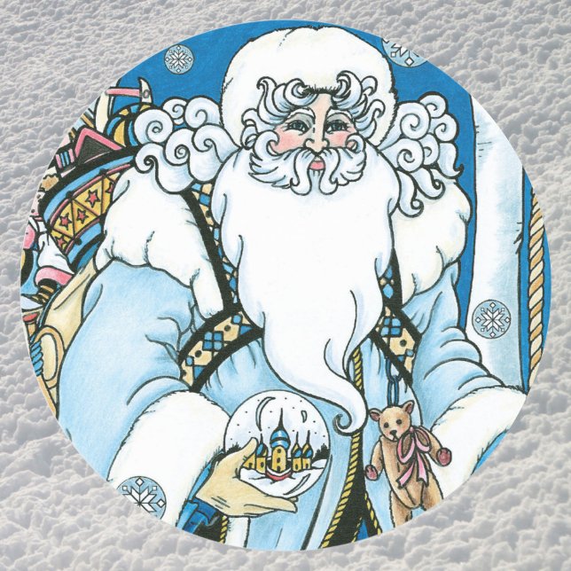 Weihnachten, Blauer Weihnachtsmann mit Snowglobe Runder Aufkleber (Von Creator hochgeladen)