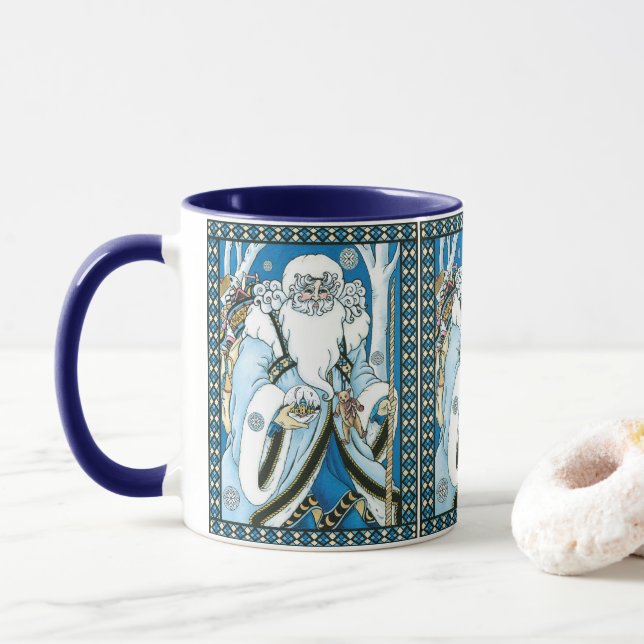 Weihnachten, Blauer Weihnachtsmann mit Snowglobe Tasse (Mit Donut)