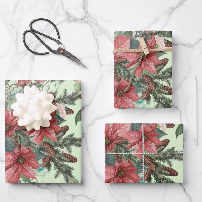 Weihnachten Blume Poinsettia Pinecones Geschenkpapier Set (Vorderseite)