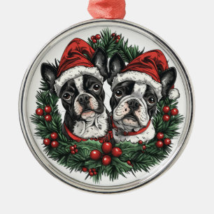 Weihnachten Boston Terrier Dogs Holiday Wreath Ornament Aus Metall