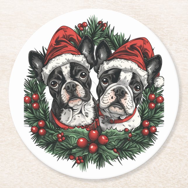 Weihnachten Boston Terrier Dogs Holiday Wreath Runder Pappuntersetzer (Vorderseite)
