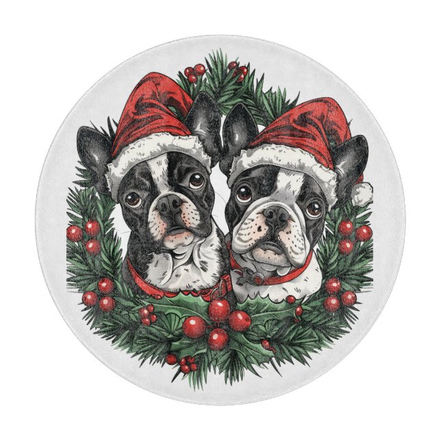 Weihnachten Boston Terrier Dogs Holiday Wreath Schneidebrett (Vorderseite)